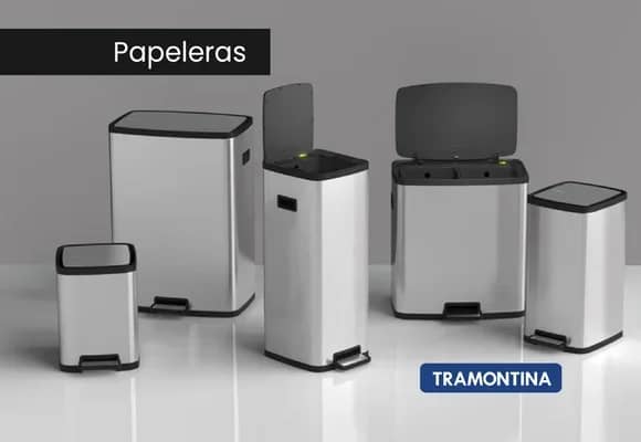 Papeleras de acero inoxidable Tramontina con pedal, en varios tamaños.
