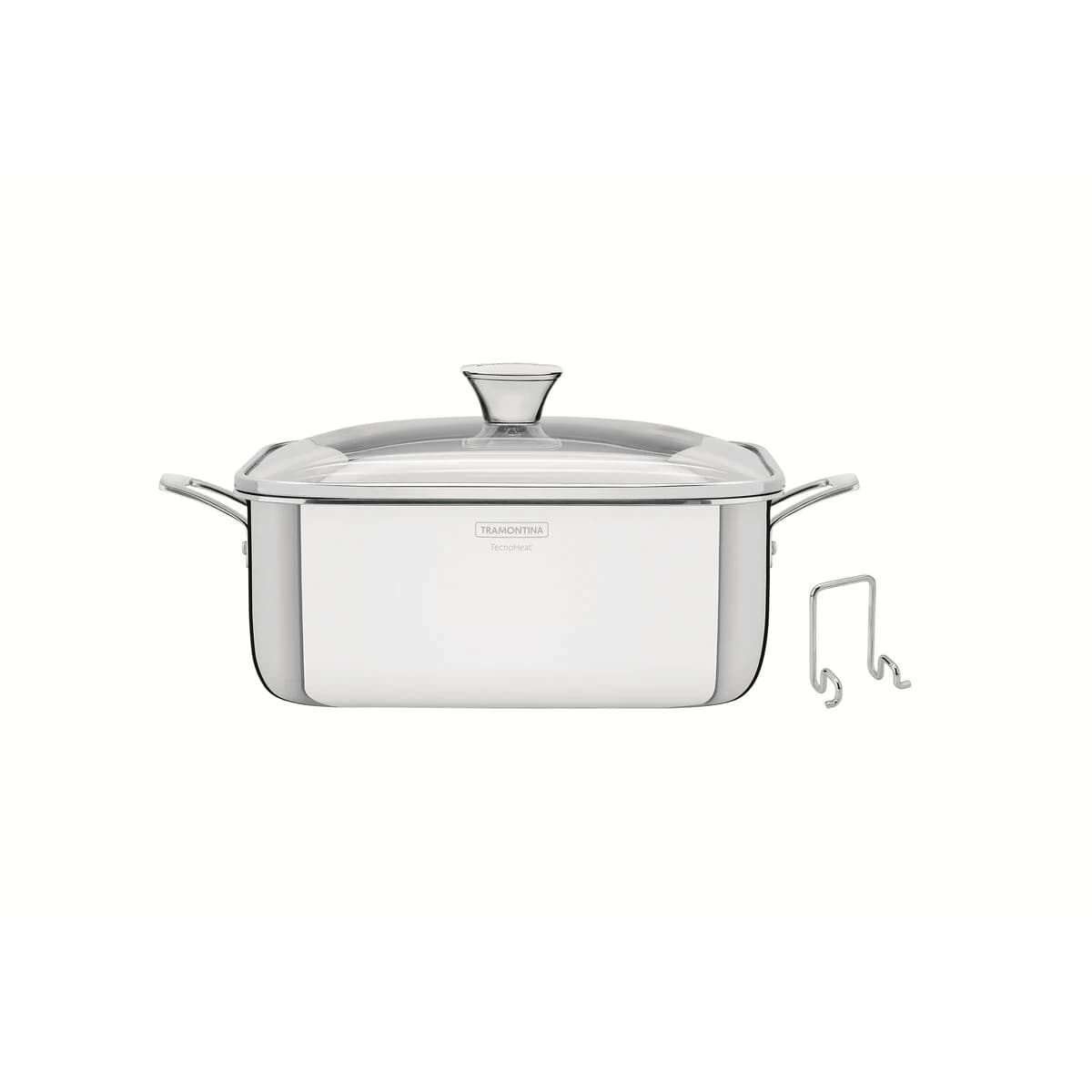 Olla Tramontina Grano Cuadrada Triple Fondo 26 cm 7.3 L de Acero Inoxidable con Tapa de Vidrio — Apta para Inducción