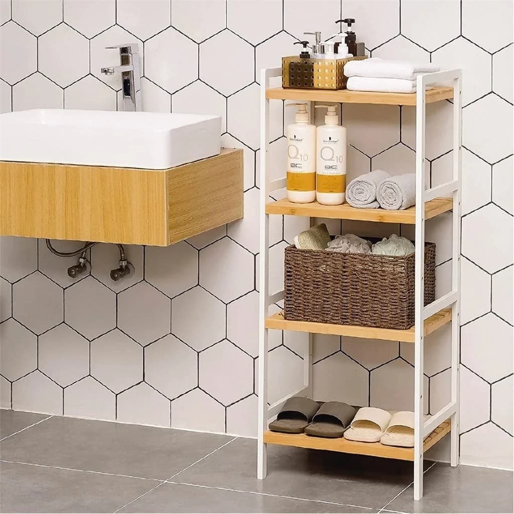Estanteria Alacena 4 Estantes Bambu Mdf Blanco Cocina Baño — miniatura 2