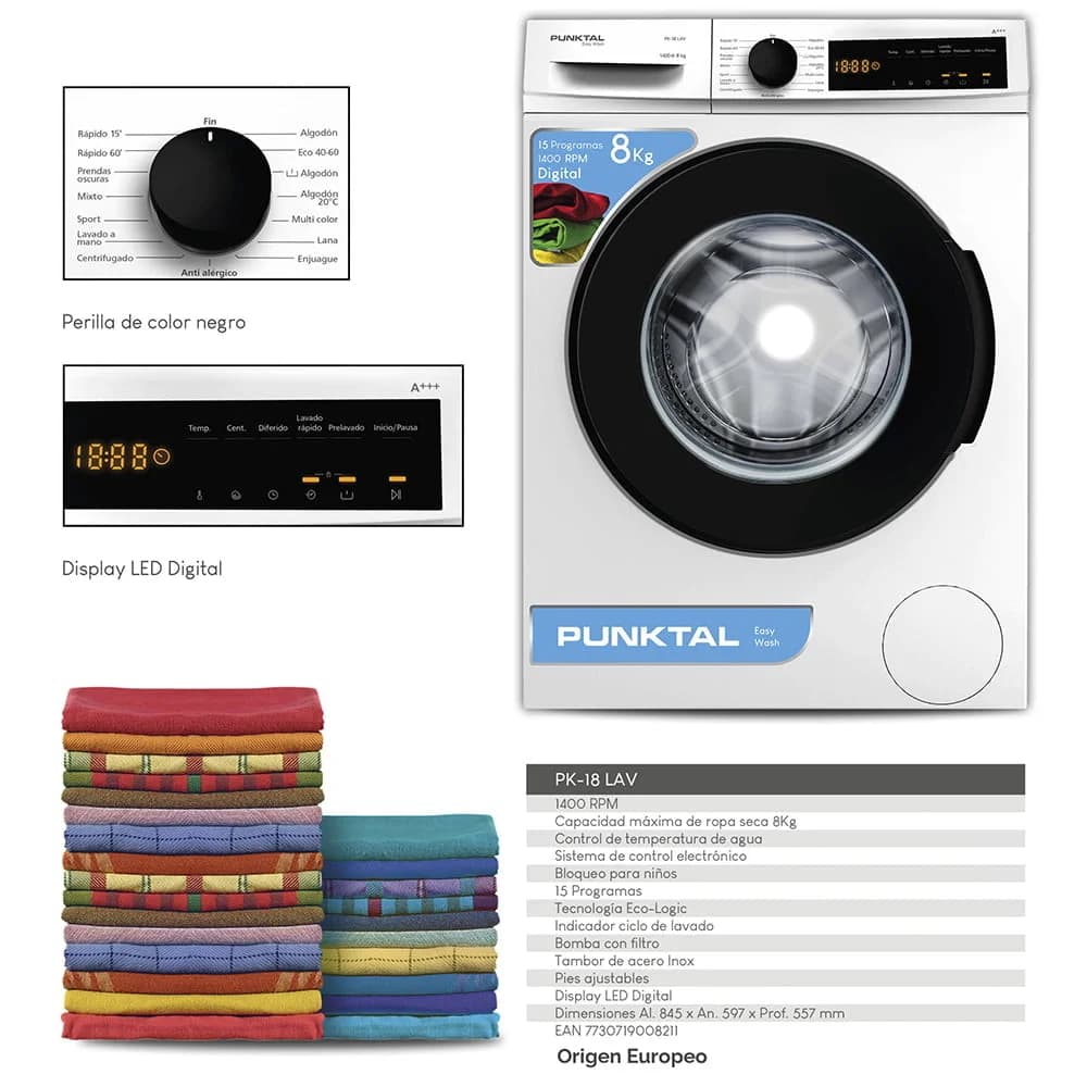 Lavarropas Punktal 8kg 15 Programas Digital Frontal Pk-18 — imagen 2 de 2