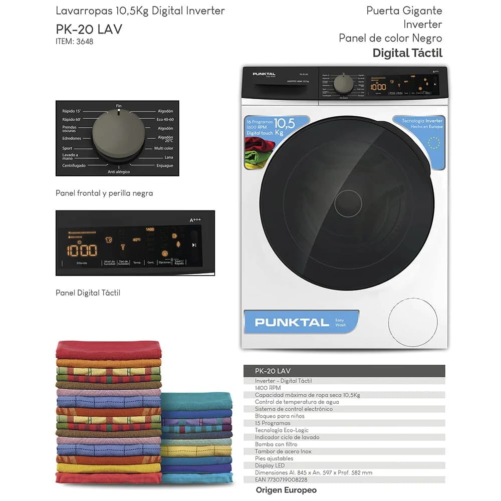 Lavarropas Automatico Punktal Pk20 Lav Inverter Blanco 10.5kg — imagen 2 de 2
