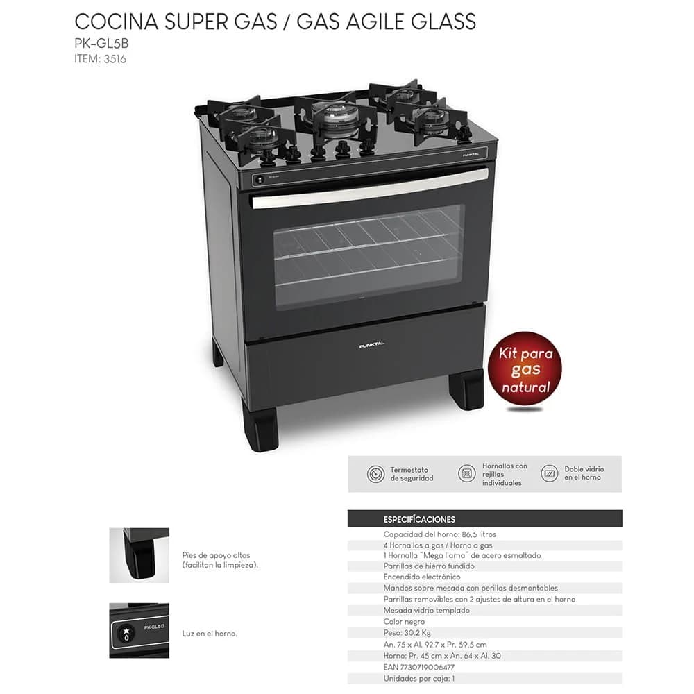 Cocina Punktal Agile Glass Pk-gl5 5 Hornallas Negra 220v — imagen 4 de 4