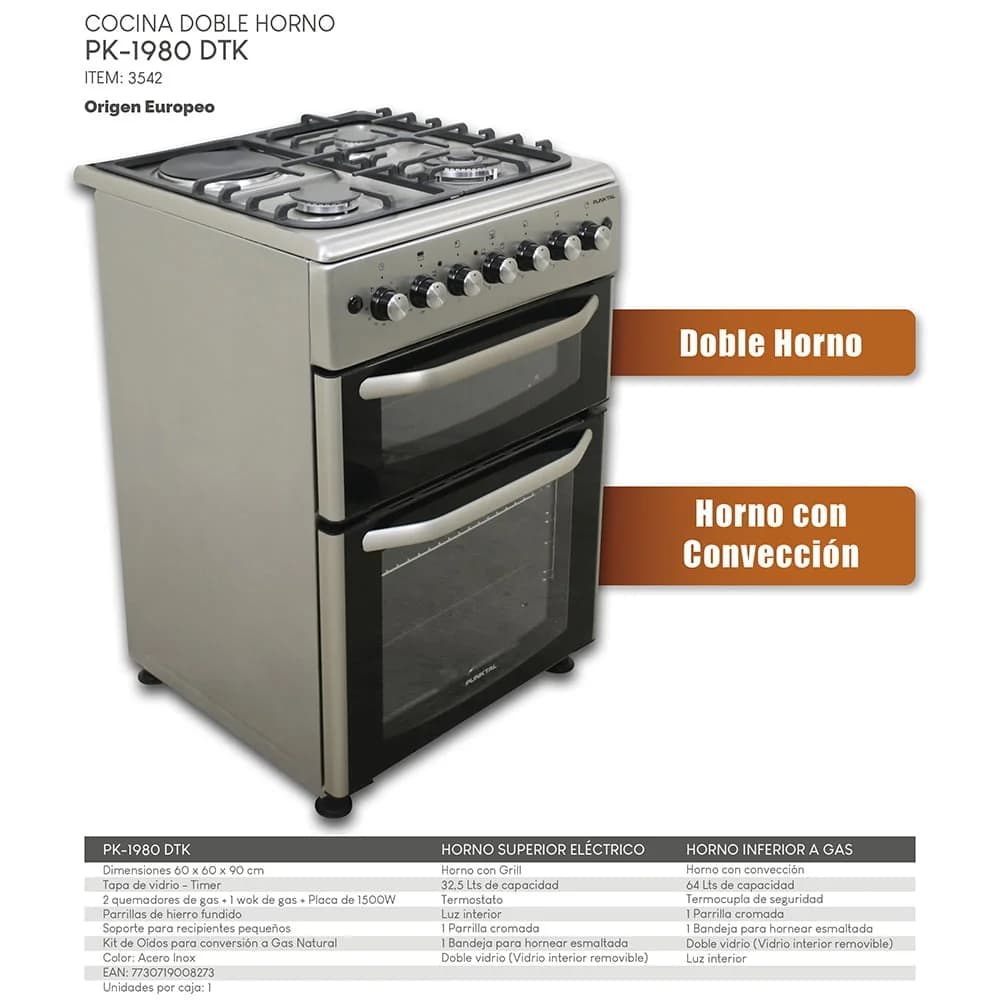 Cocina Punktal Doble Horno Pk-1980 Dtk Electrico Gas Timer — miniatura 3