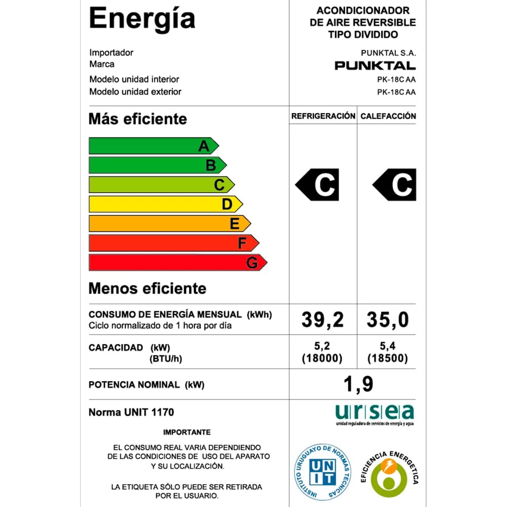 Aire Acondicionado Punktal Pk-18c Aa 18000 Btu Frio Calor — imagen 2 de 2