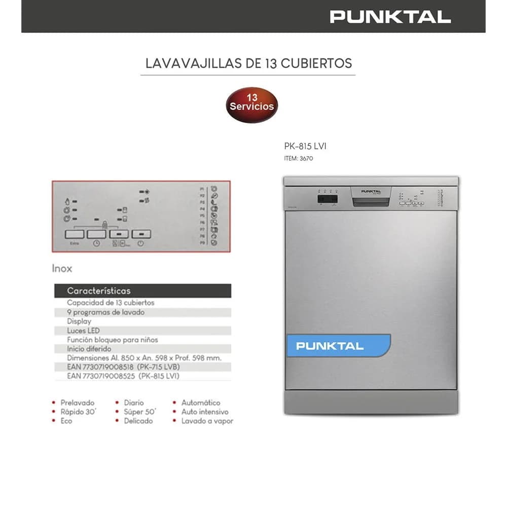Lavavajilla Punktal 13 Servicios 10 Programas Control Digital — miniatura 2
