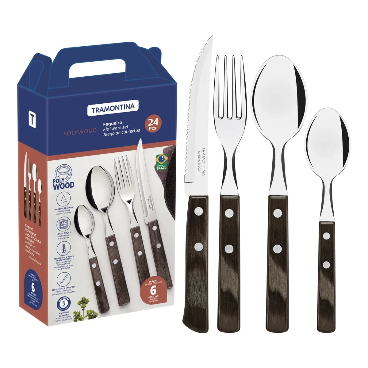 Juego De Cubiertos Tramontina Polywood 24 Piezas Acero Inox — imagen 1 de 4
