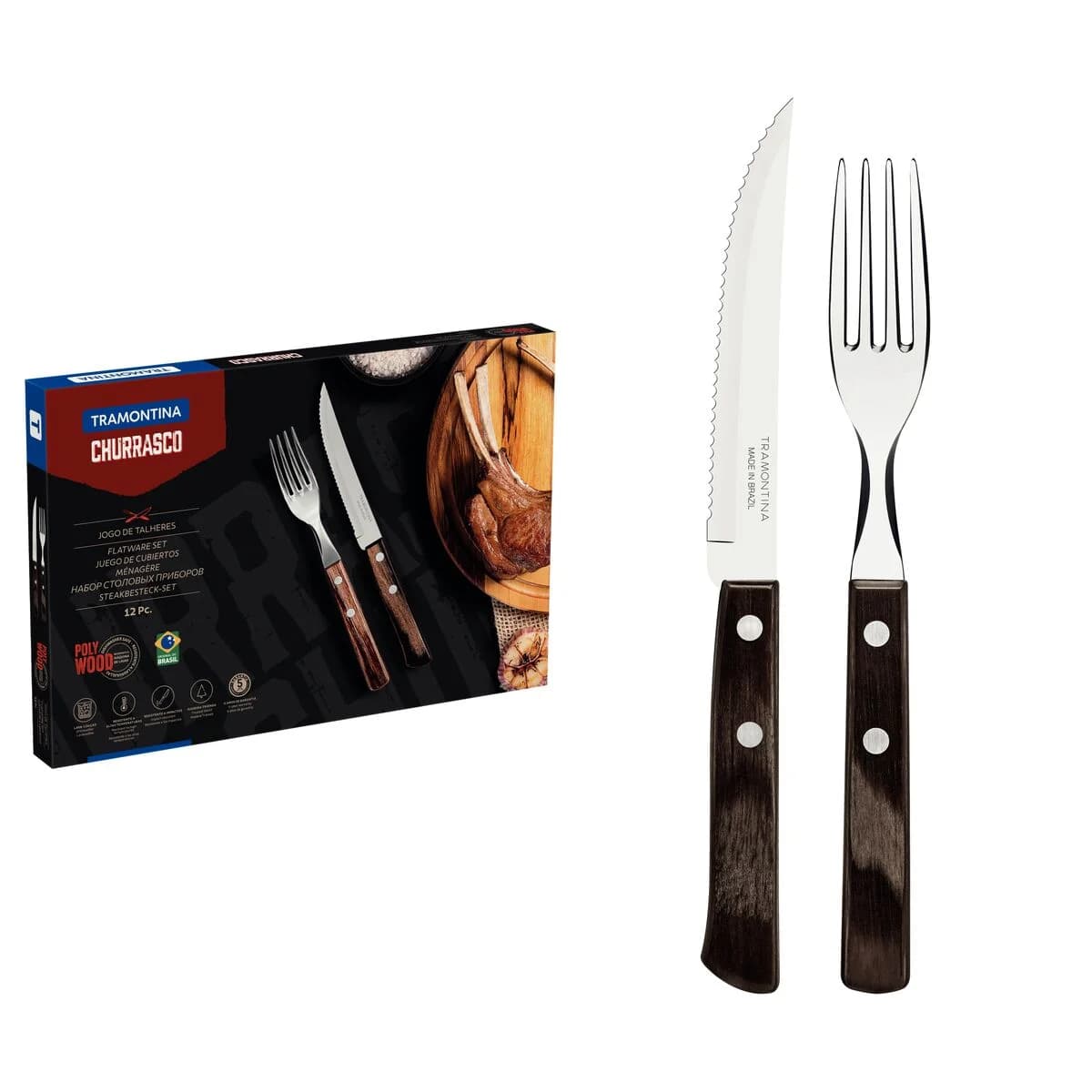 Juego De Cubiertos Tramontina Polywood Asado Madera 12 Pz — miniatura 2