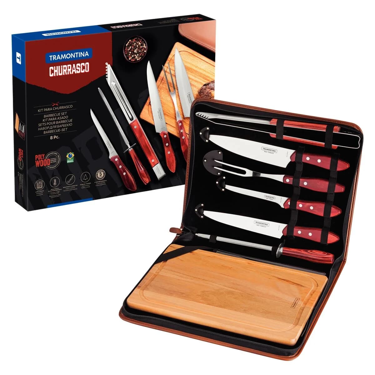 Kit De Asado Tramontina Polywood Madera Acero Inox 8 Piezas — imagen 1 de 2