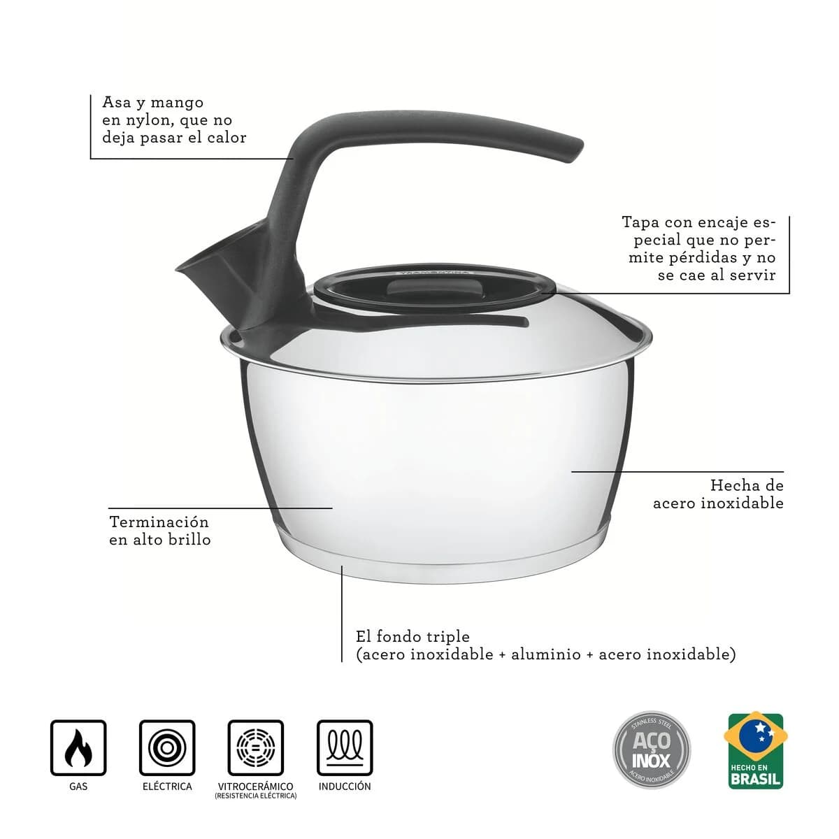 Caldera Tramontina Fondo Triple Induccion Acero Inox 1,5 Lts — miniatura 3
