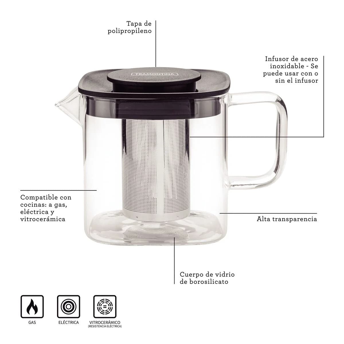 Tetera Vidrio Acero Inoxidable Infusor de 600 ml Tramontina — miniatura 4