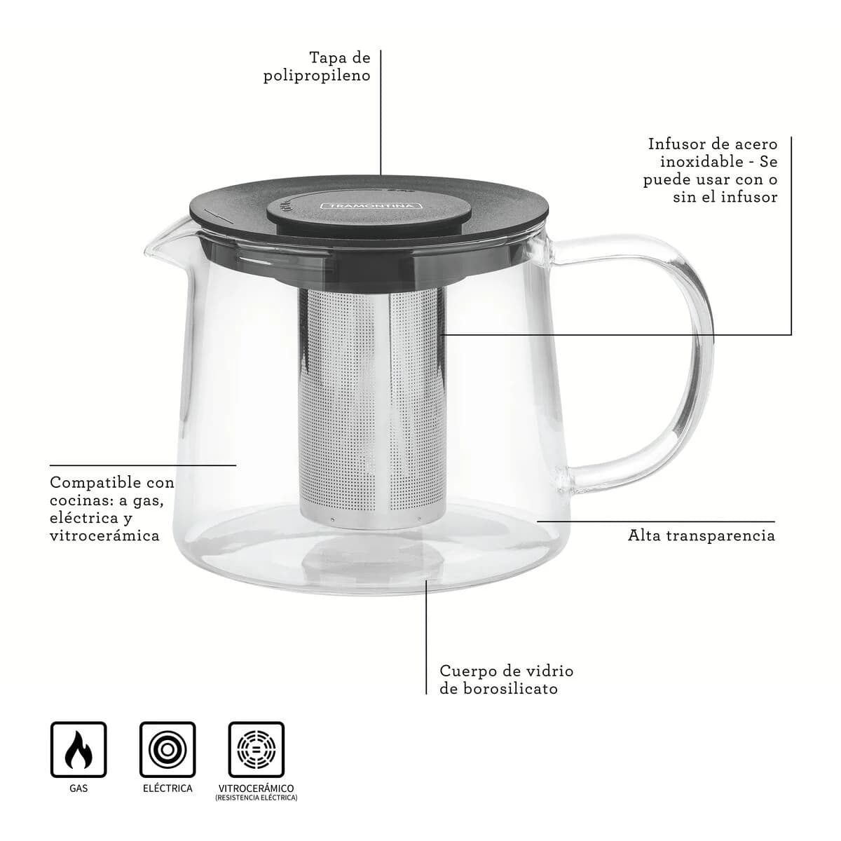 Tetera Vidrio Acero Inoxidable Infusor de 900 ml Tramontina — miniatura 4