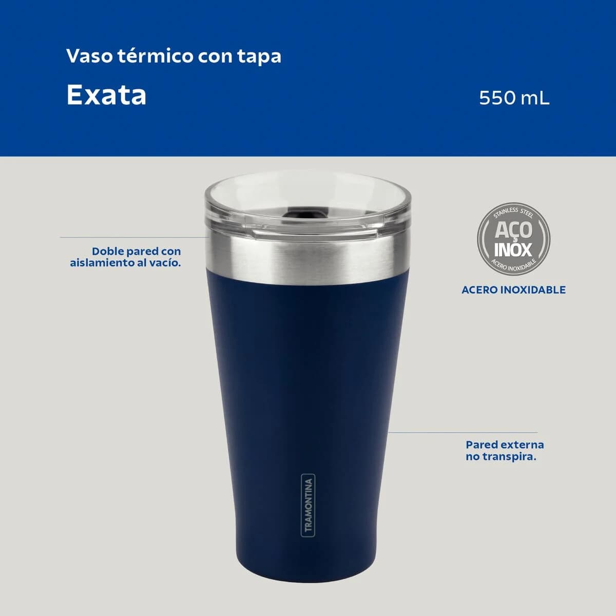 Vaso Termico Tramontina Exata Acero Inoxidable Azul 550 ml — miniatura 3