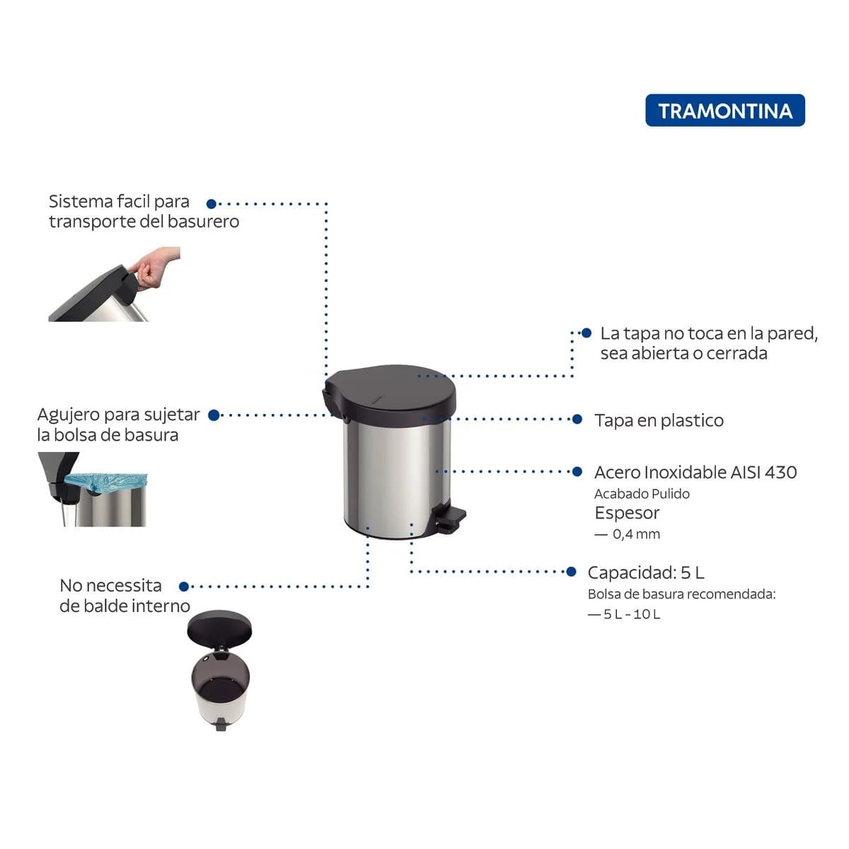 Basurero con Pedal New Tramontina Acero Inoxidable 5 Litros — miniatura 4