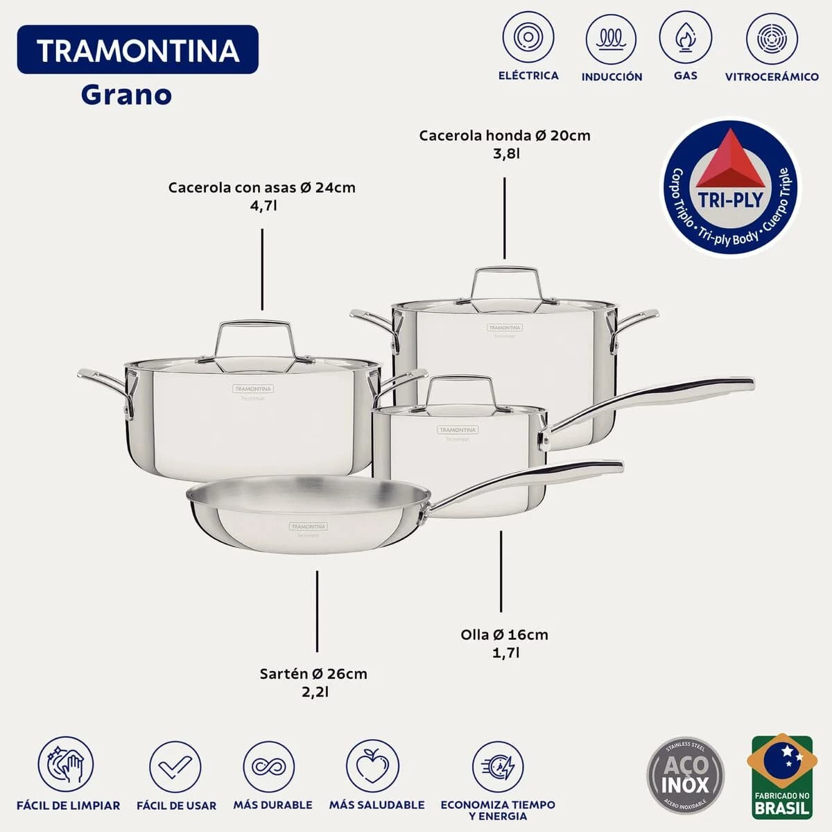 Bateria de Cocina Tramontina Ollas Induccion Grano 4 Piezas Acero Inoxidable — miniatura 8