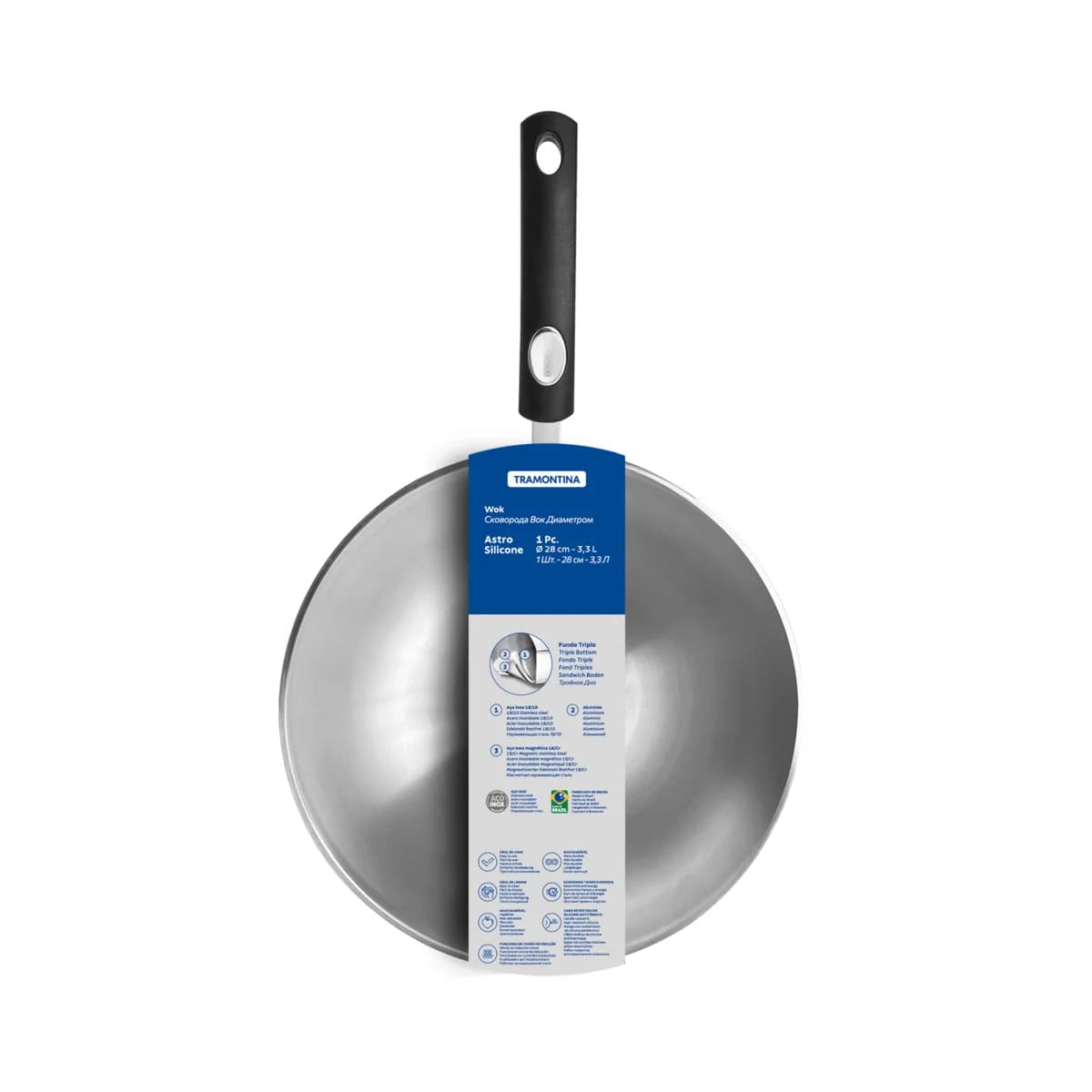 Wok Tramontina Astro Silicone de acero inoxidable triple fondo para inducción 28 cm 3.3 L — imagen 2 de 5