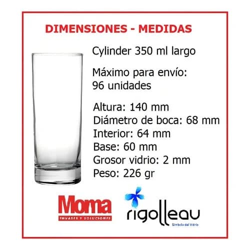 Vasos Trago Largo Nadir Cylinder Vidrio 350 Ml X24 Unidades — imagen 6 de 9