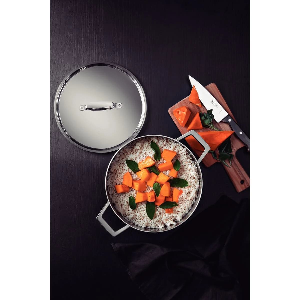 Cacerola Honda Tramontina Grano Triple Fondo 24 cm 5,8 L Acero Inoxidable con Tapa — Apta Inducción — imagen 7 de 8