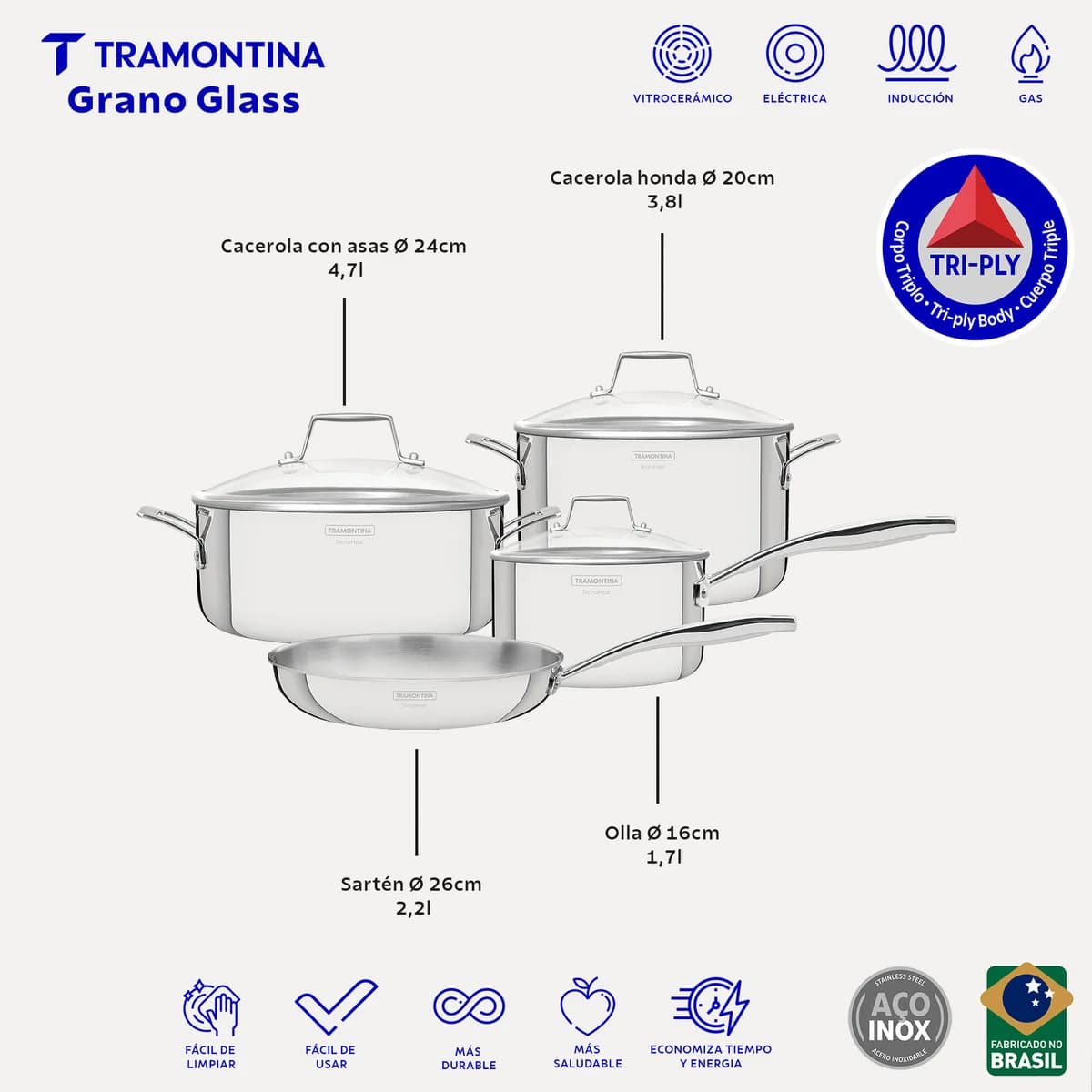 Batería de Cocina Tramontina Grano Glass 4 Piezas Acero Inoxidable Triple Fondo con Tapas de Vidrio — Apta Inducción — imagen 4 de 8