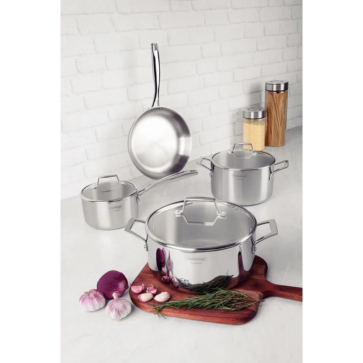 Batería de Cocina Tramontina Grano Glass 4 Piezas Acero Inoxidable Triple Fondo con Tapas de Vidrio — Apta Inducción — imagen 7 de 8