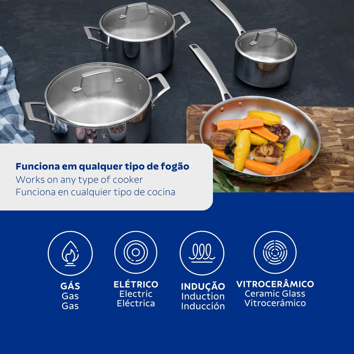 Batería de Cocina Tramontina Grano Glass 4 Piezas Acero Inoxidable Triple Fondo con Tapas de Vidrio — Apta Inducción — imagen 6 de 8