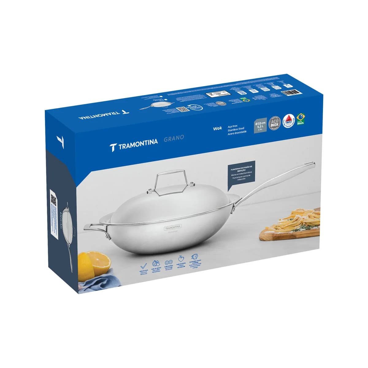 Wok Tramontina Grano Cuerpo Triple 32 cm 5,2 L Acero Inoxidable con Tapa — Apto Inducción — imagen 2 de 5