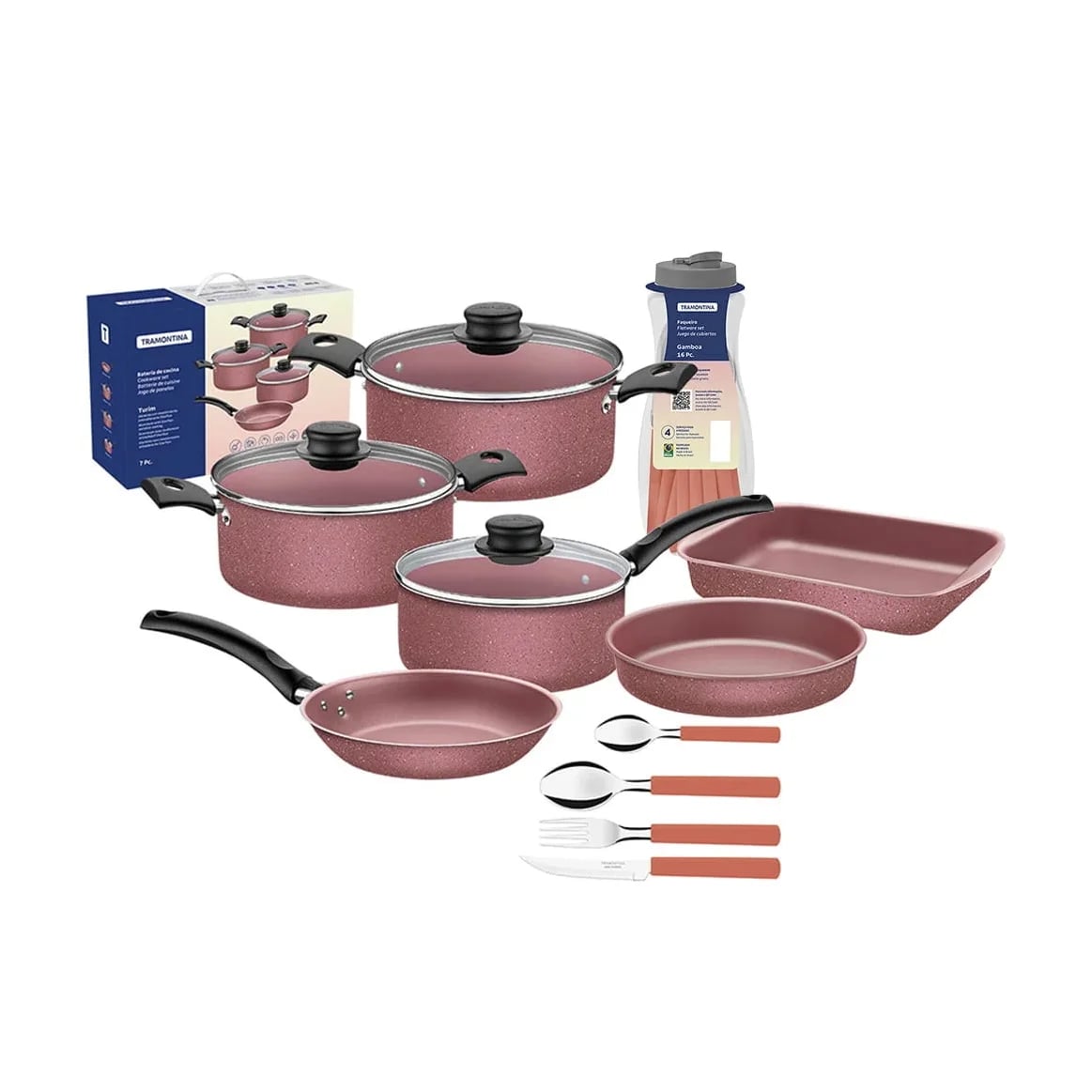 Combo Tramontina Linz rosa con asaderas y cubiertos 25 piezas