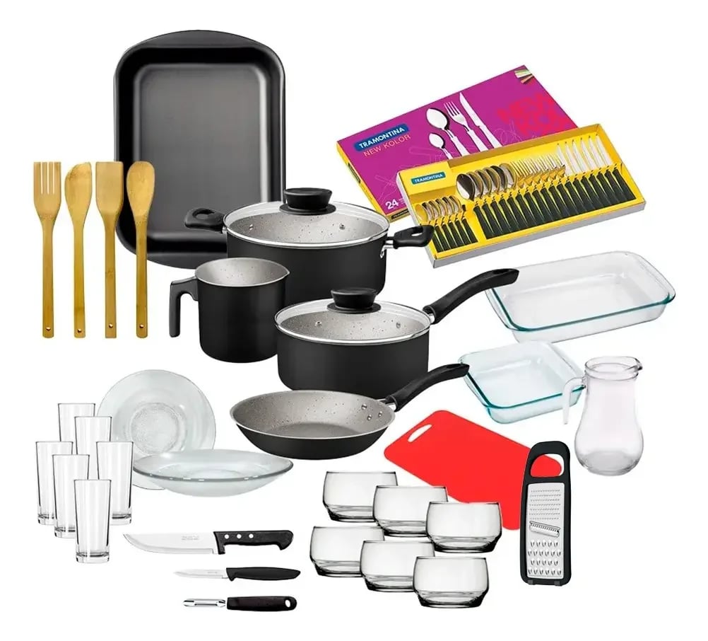 Combo de cocina con batería Tramontina Linz cubiertos New Kolor y vajilla 68 piezas