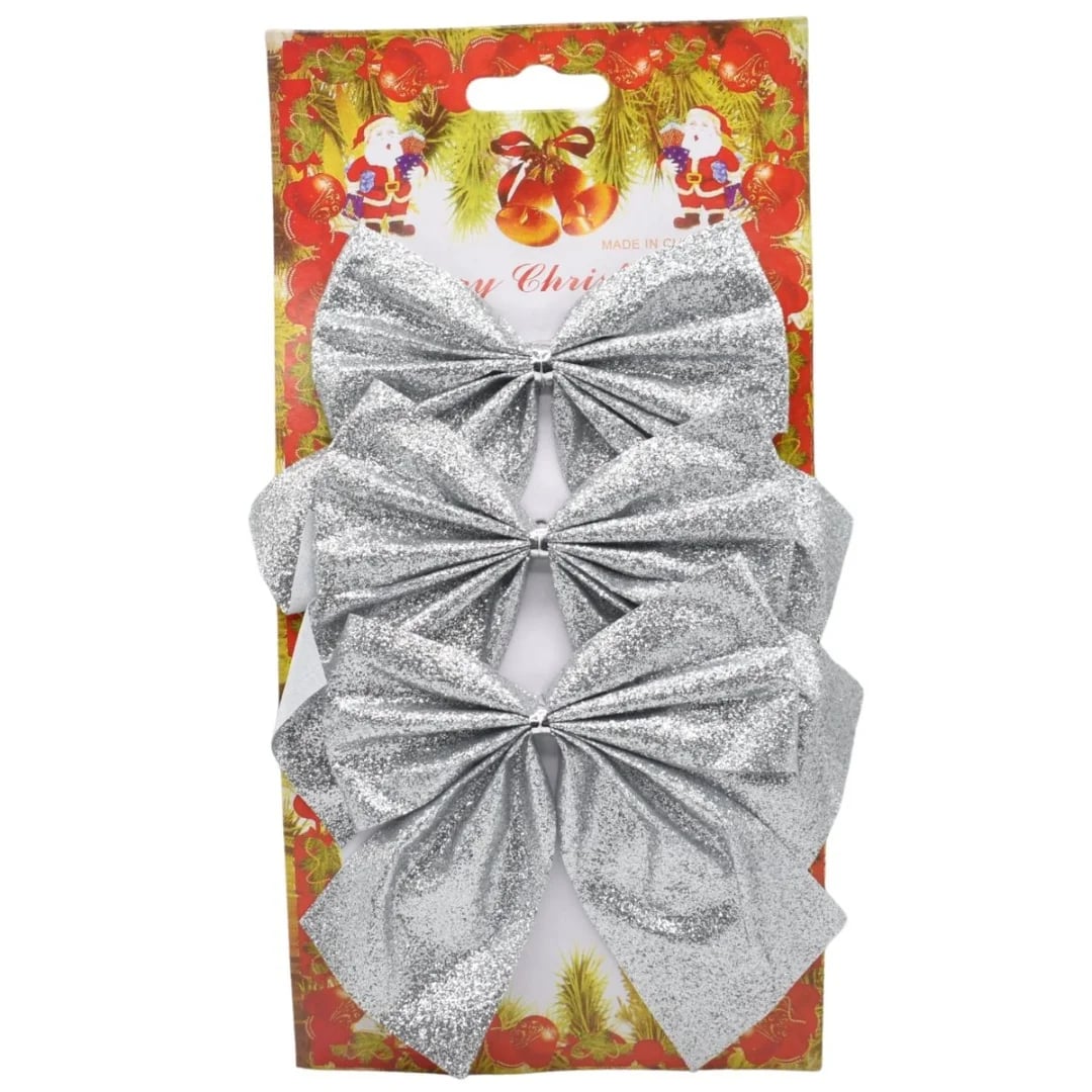 Moñas navideñas 10 × 12 cm. Plateado — Pack x 3