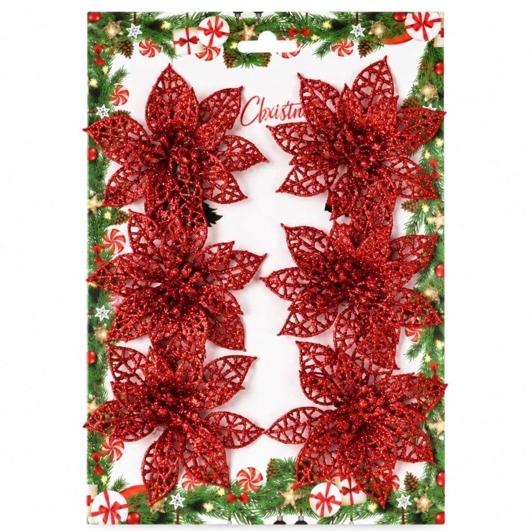 Adornos de Navidad flores rojas — Pack x 6