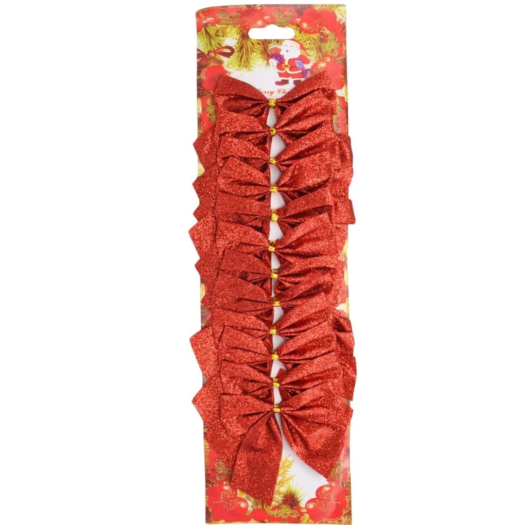 Moñas navideñas 8 × 8 cm rojo con brillos — Pack x 12
