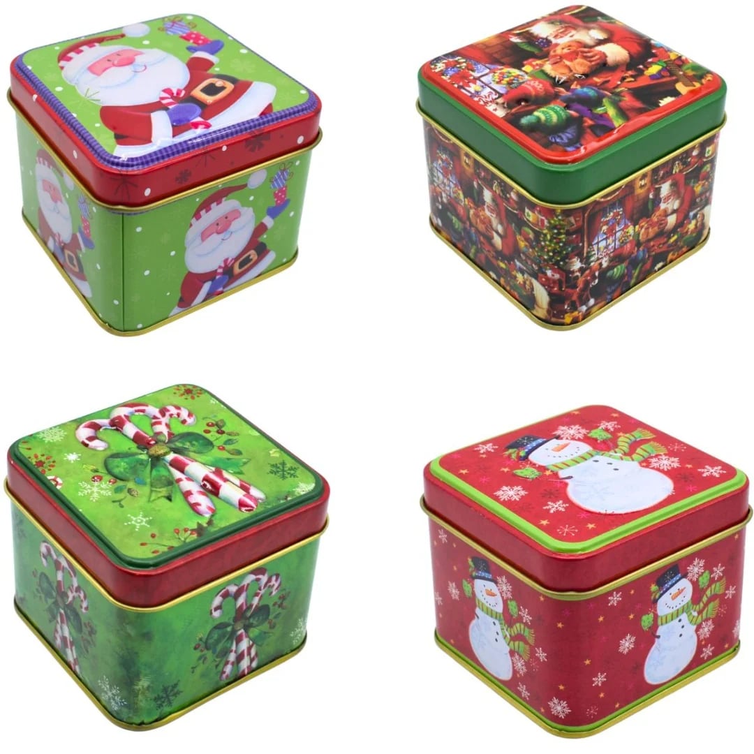 Caja de lata con diseño navideño 8 × 8 × 6,5 cm