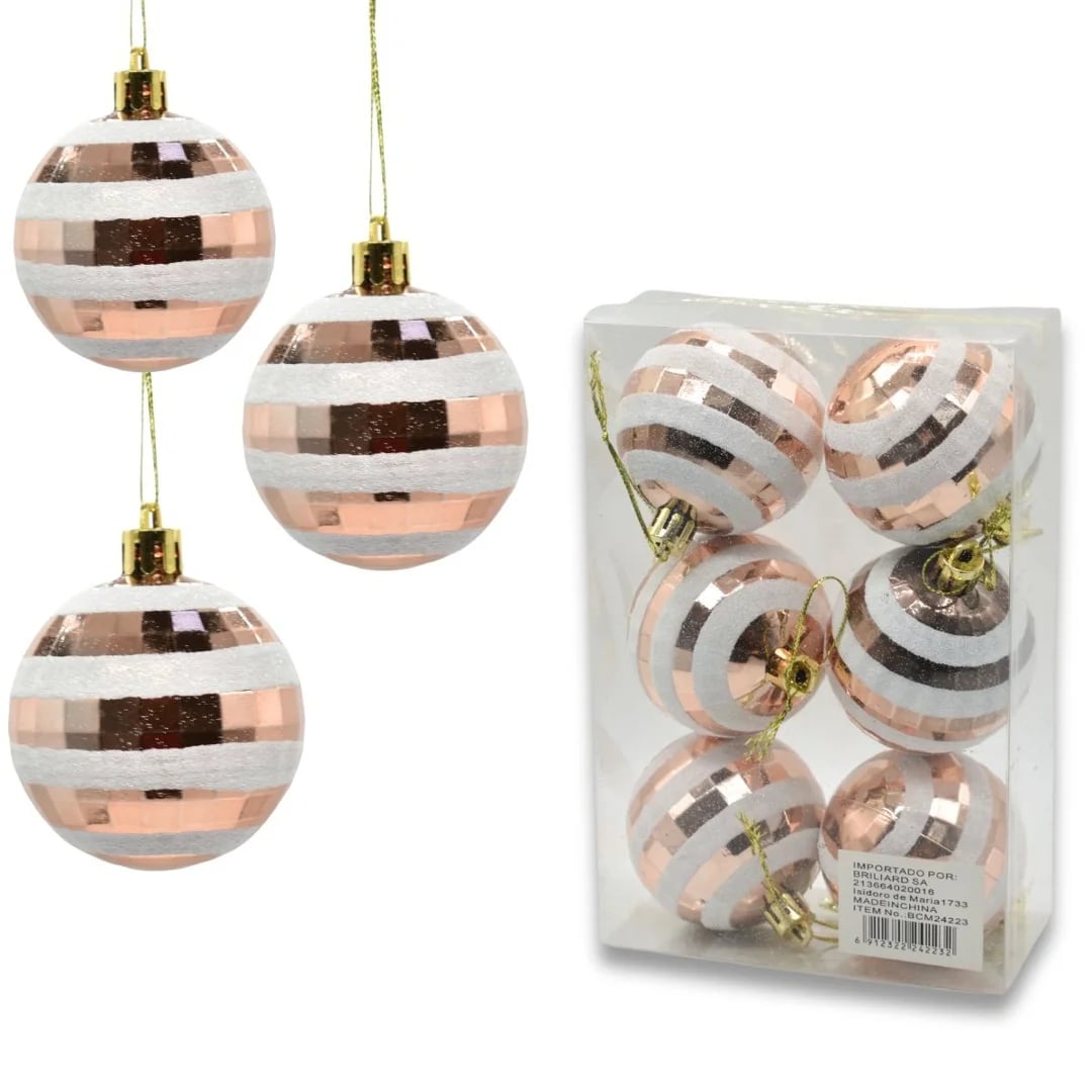 Bolas de Navidad rayadas 6 cm champagne — Pack x 6