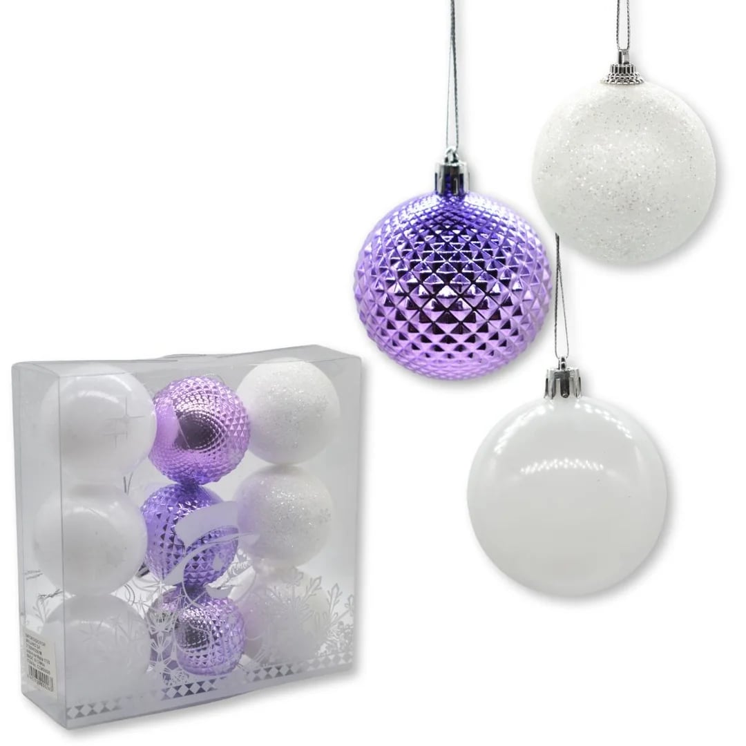 Bolas de Navidad lila y blanco 6 cm — Pack x 6