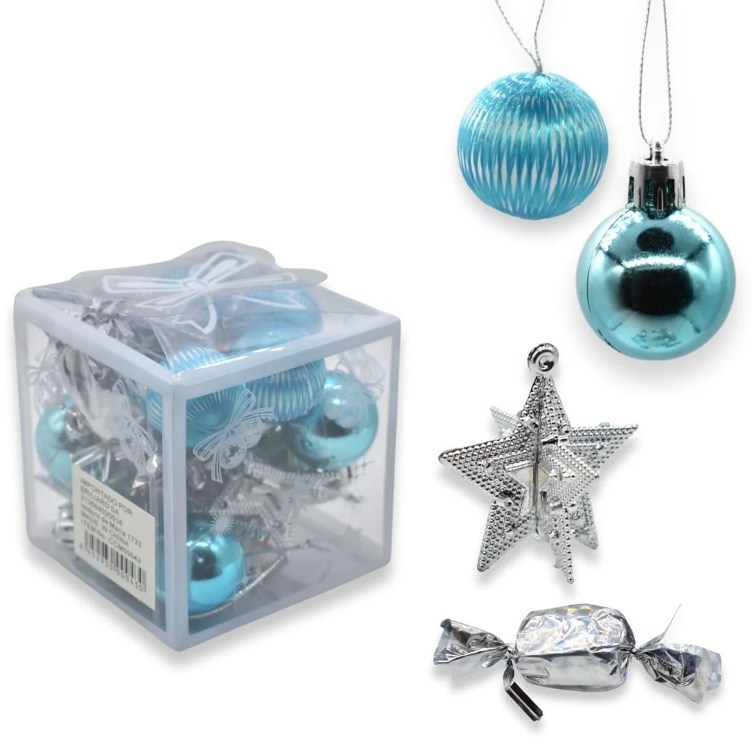 Bolas y adornos de Navidad celeste 3 cm — Pack x 18