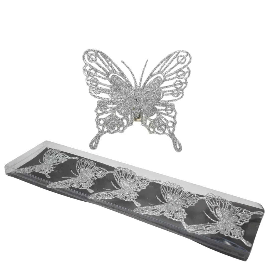 Mariposa navideña plateada con clip 8 cm — Pack x 5