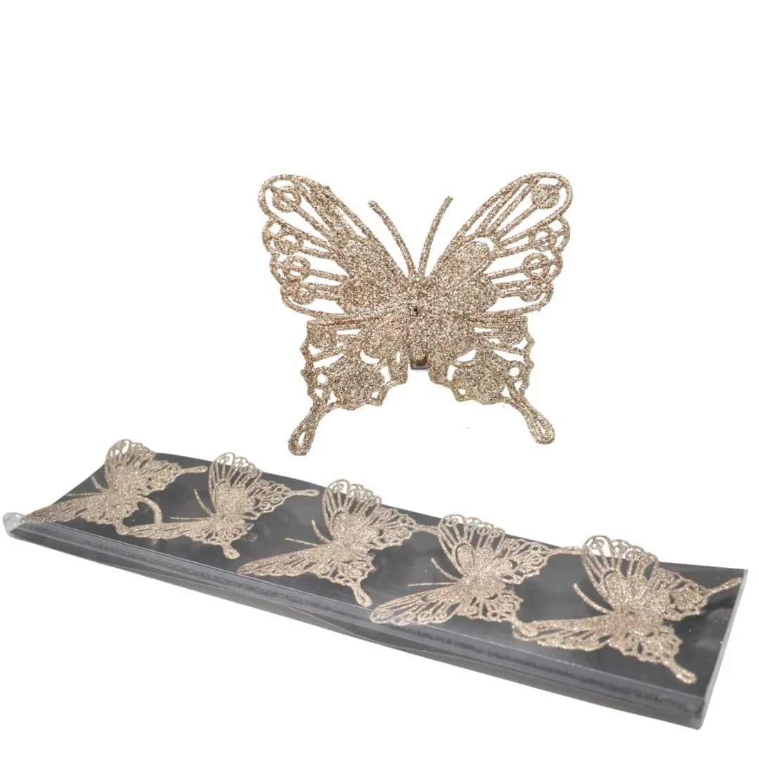 Mariposa navideña champagne con clip 8 cm — Pack x 5