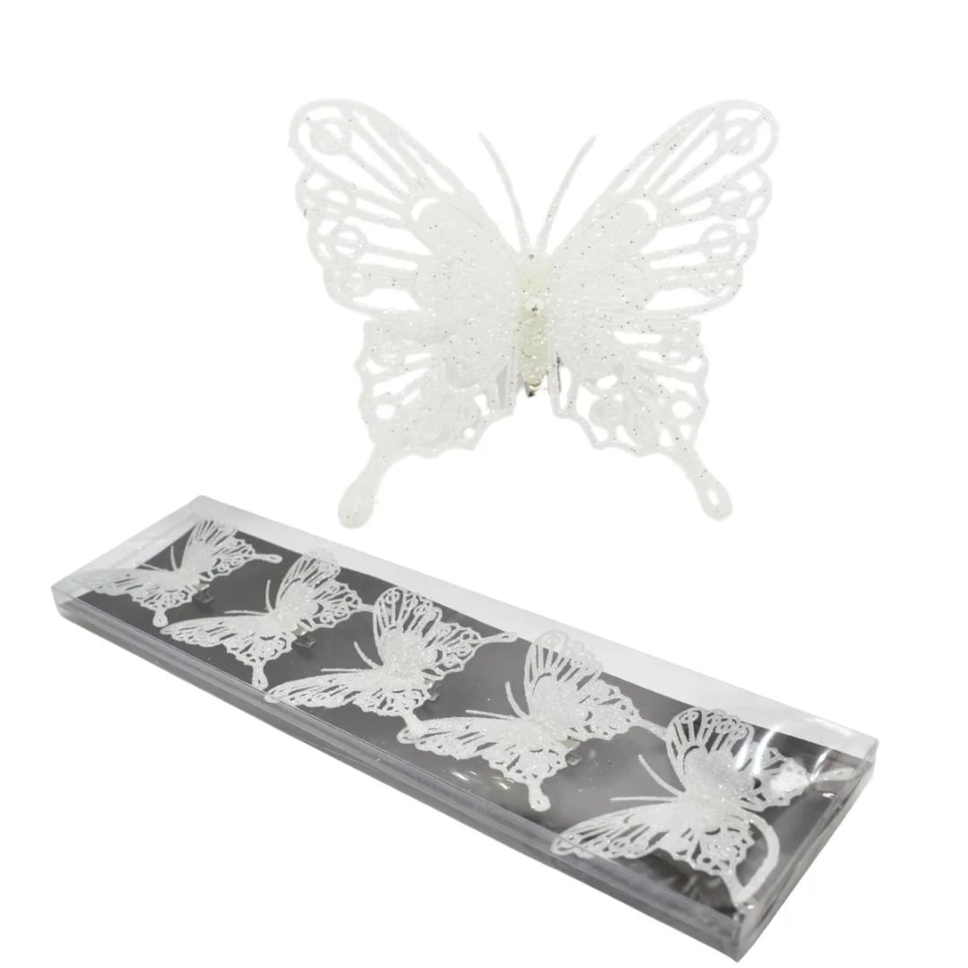 Mariposa navideña blanca con clip 8 cm — Pack x 5