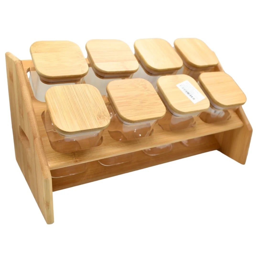 Juego de 8 frascos de vidrio con soporte de madera 32 cm