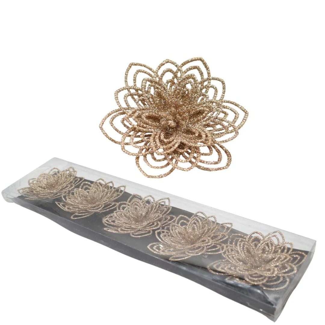 Flor navideña champagne con clip 10 cm — Pack x 5