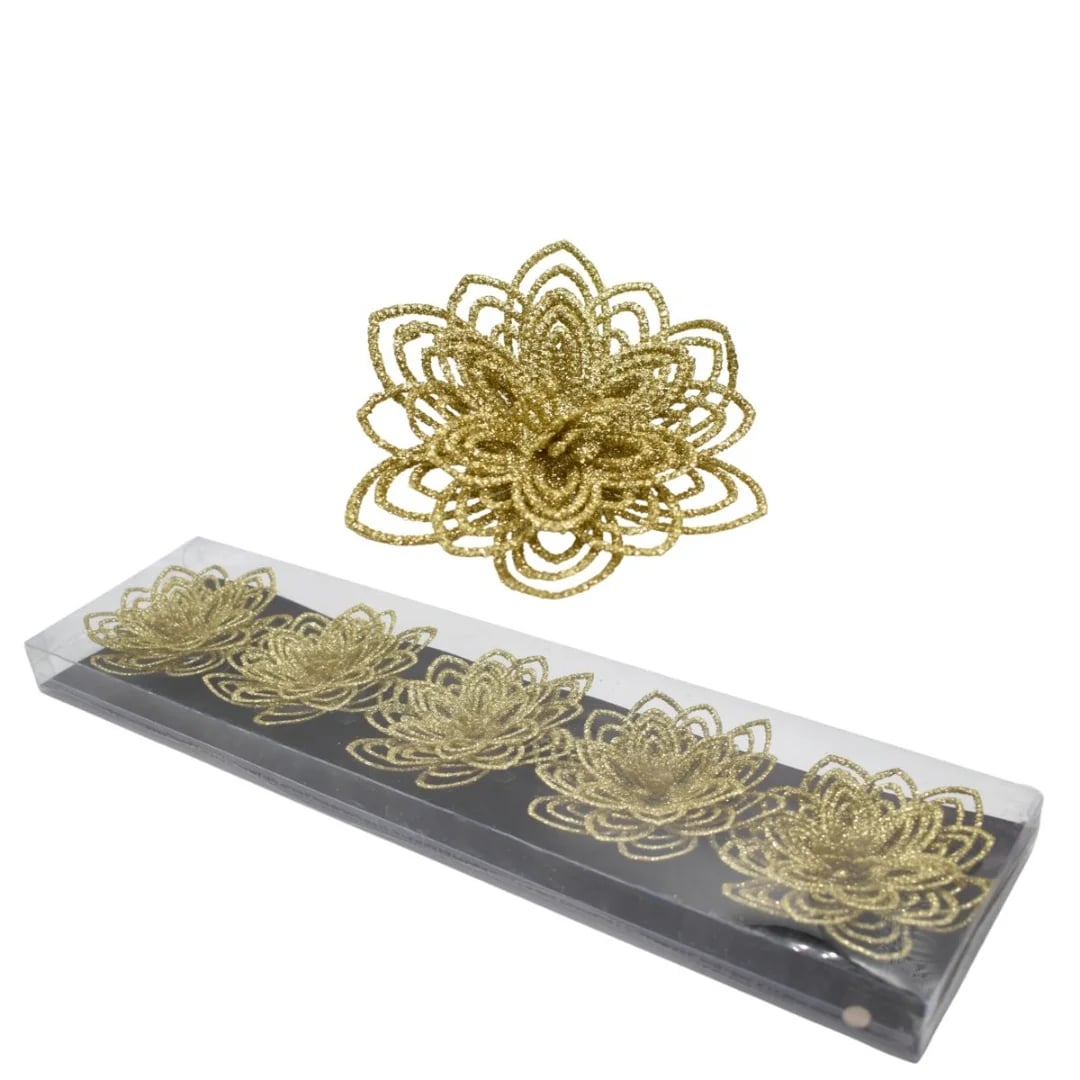 Adorno de Navidad flores con prendedor. Dorado — Pack x 5