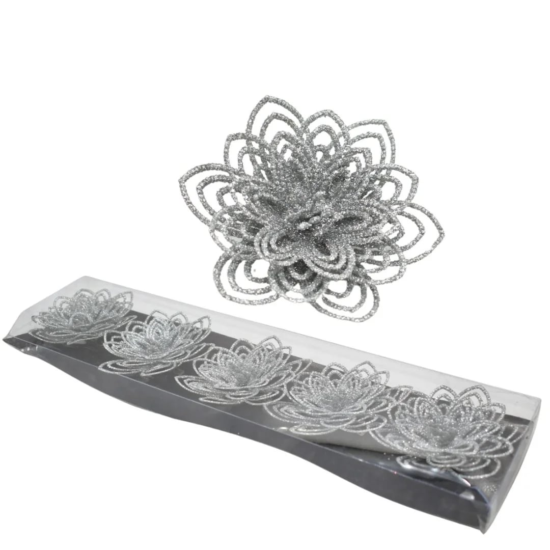 Adorno de Navidad flores con prendedor. Plateado — Pack x 5