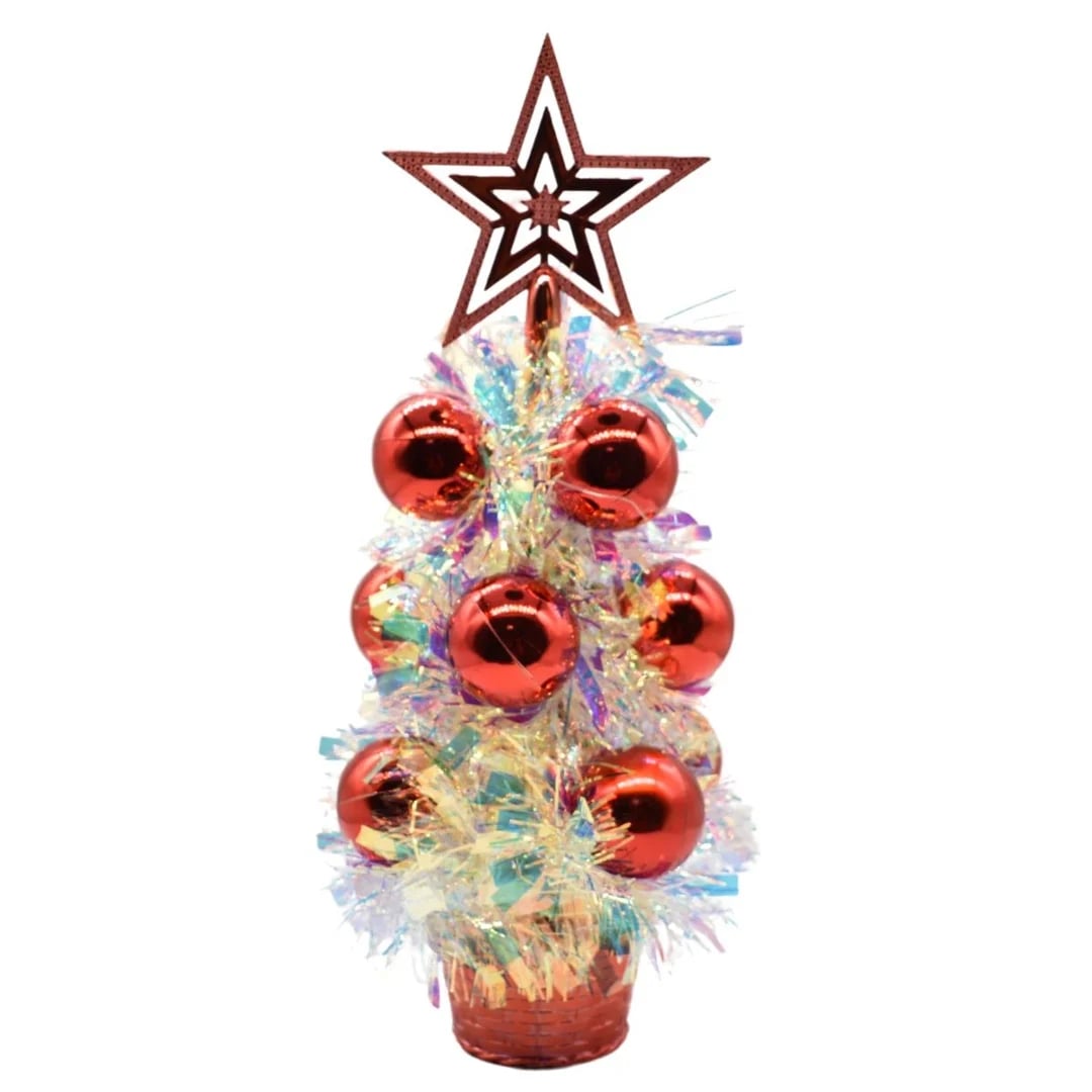 Mini árbol de Navidad decorado rojo y tornasol 32 cm