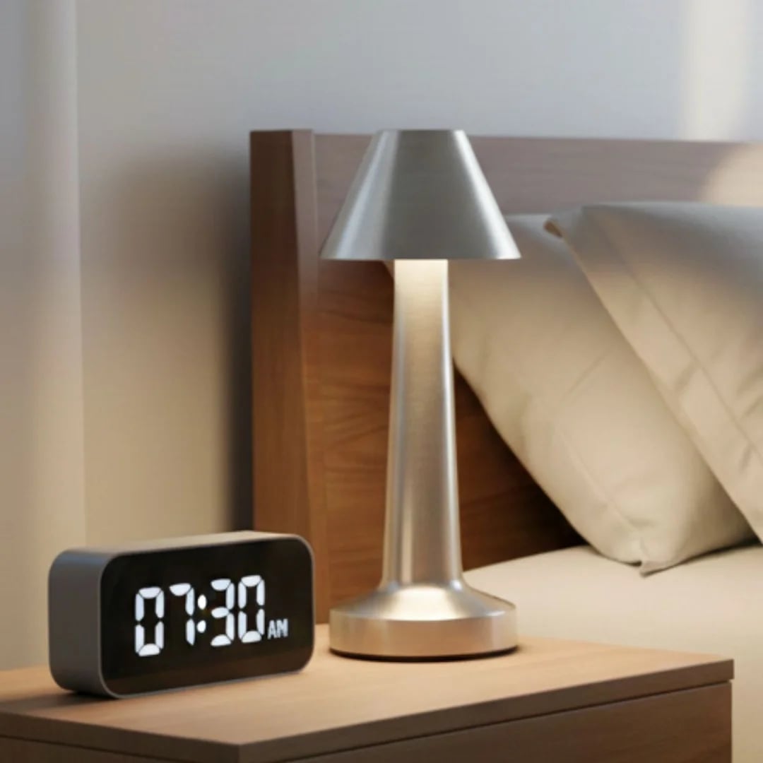 Lámpara LED táctil recargable plateada 24 cm