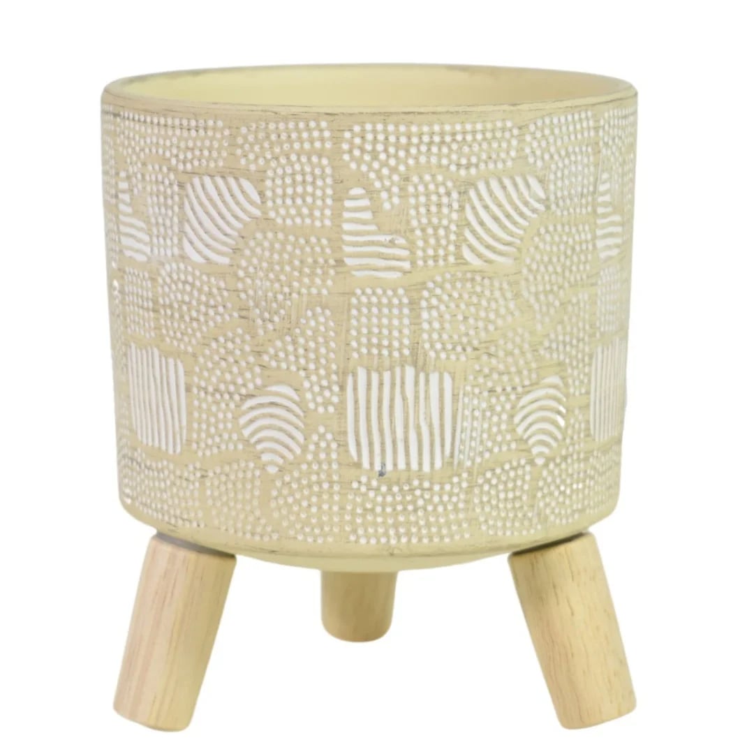 Maceta de cerámica con patas de madera beige