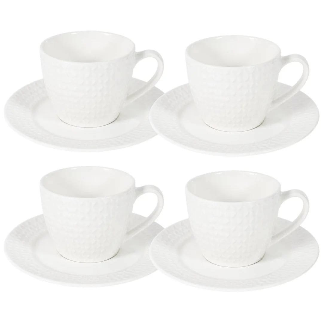 Juego de taza y plato de cerámica con relieve — 8 piezas