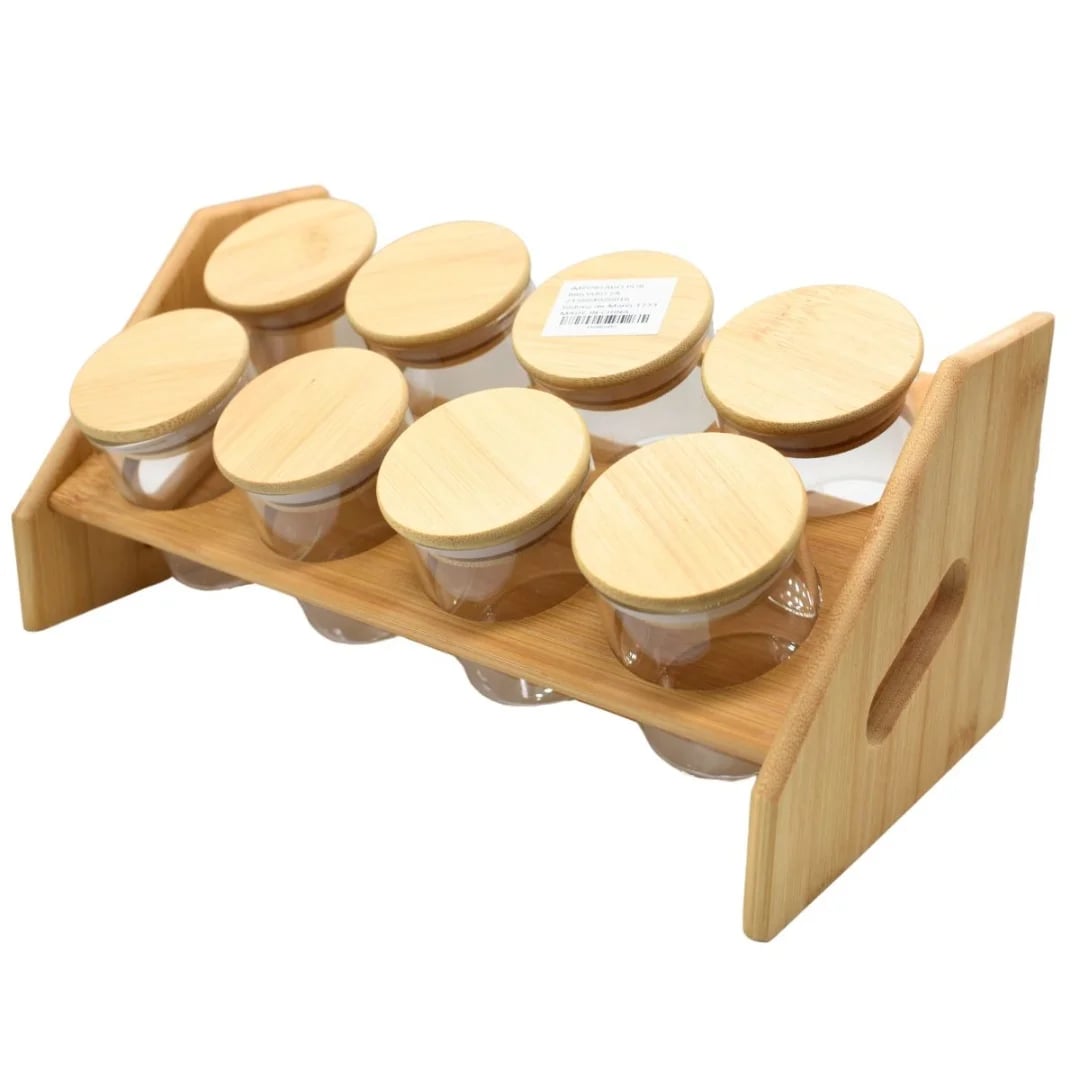 Juego de 8 frascos de vidrio 100 ml con soporte de madera