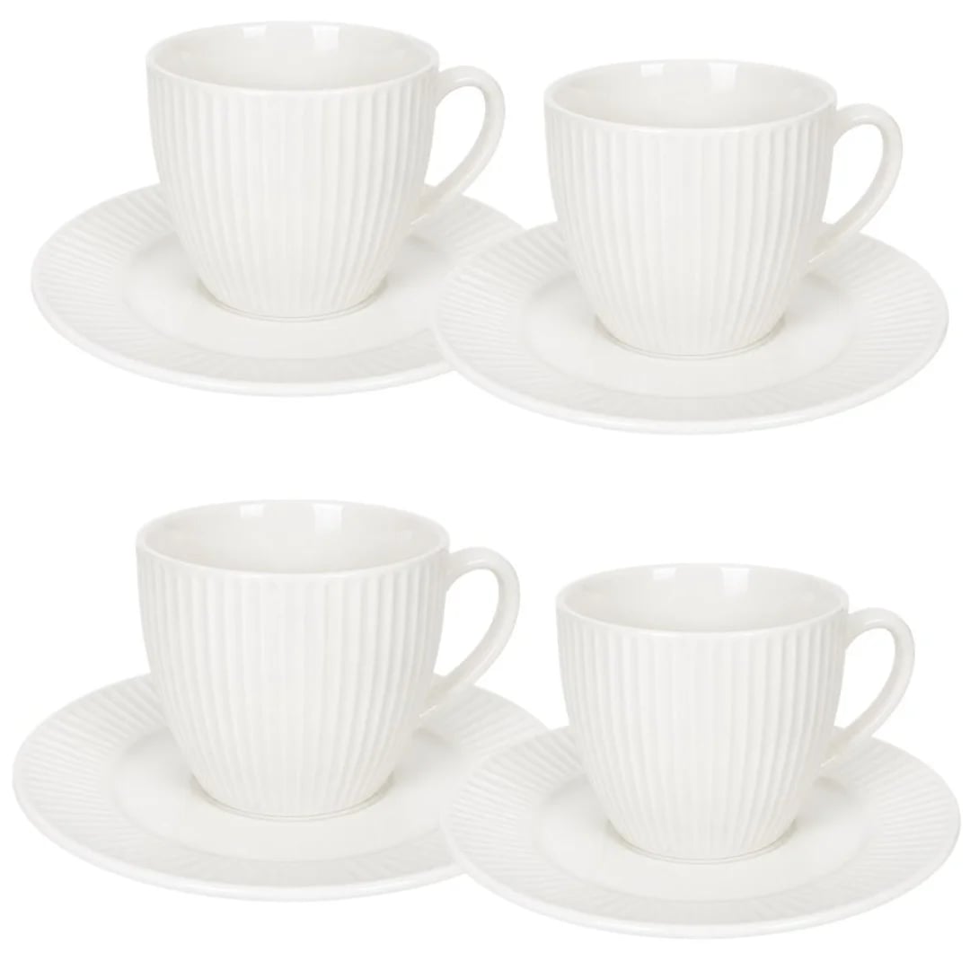 Juego de taza y plato de cerámica acanalada — 8 piezas