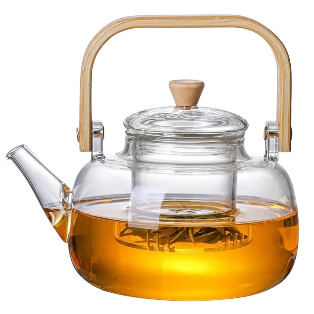 Tetera de vidrio con infusor y asa de madera 1000 ml