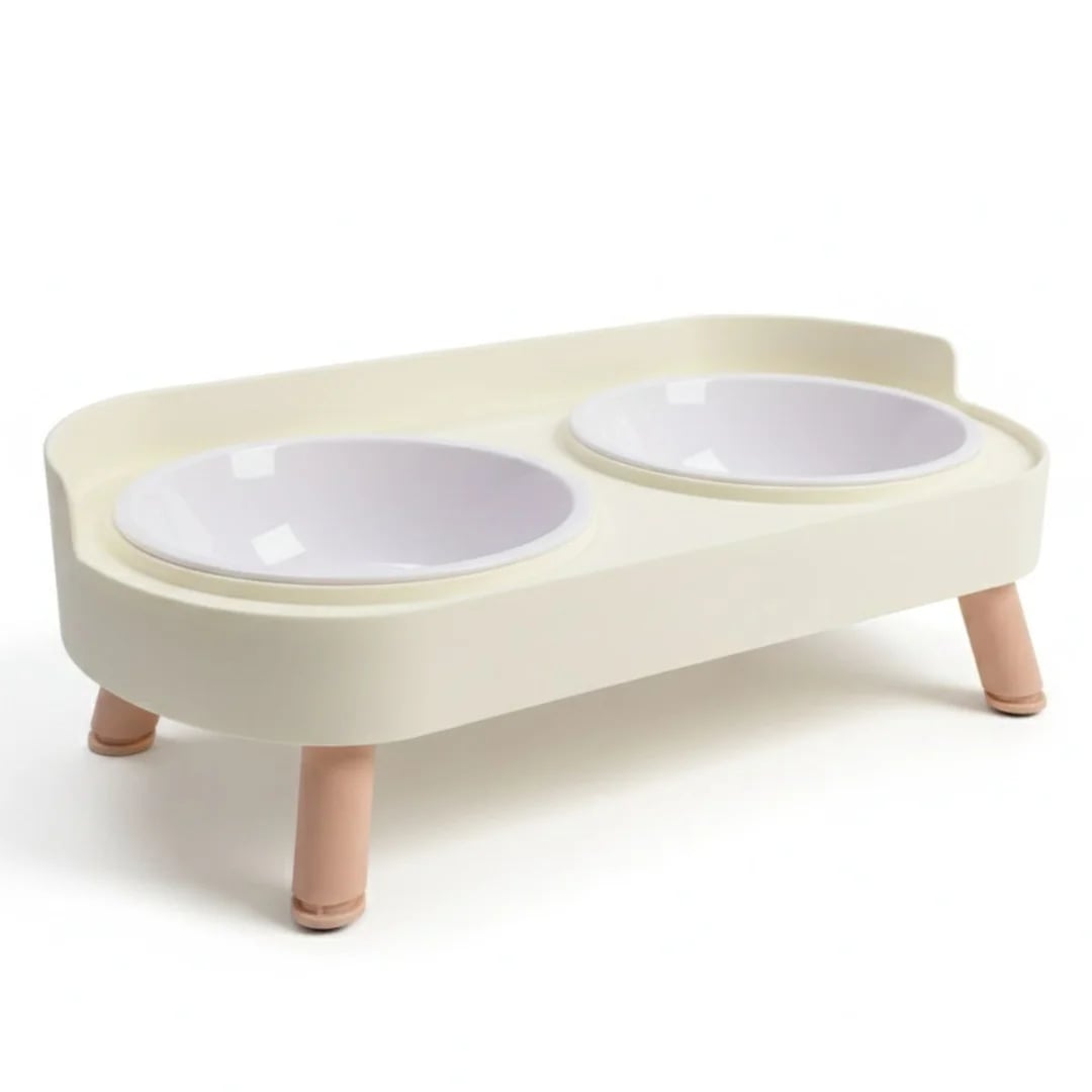 Comedero doble elevado para mascotas crema 33 × 17 × 10 cm