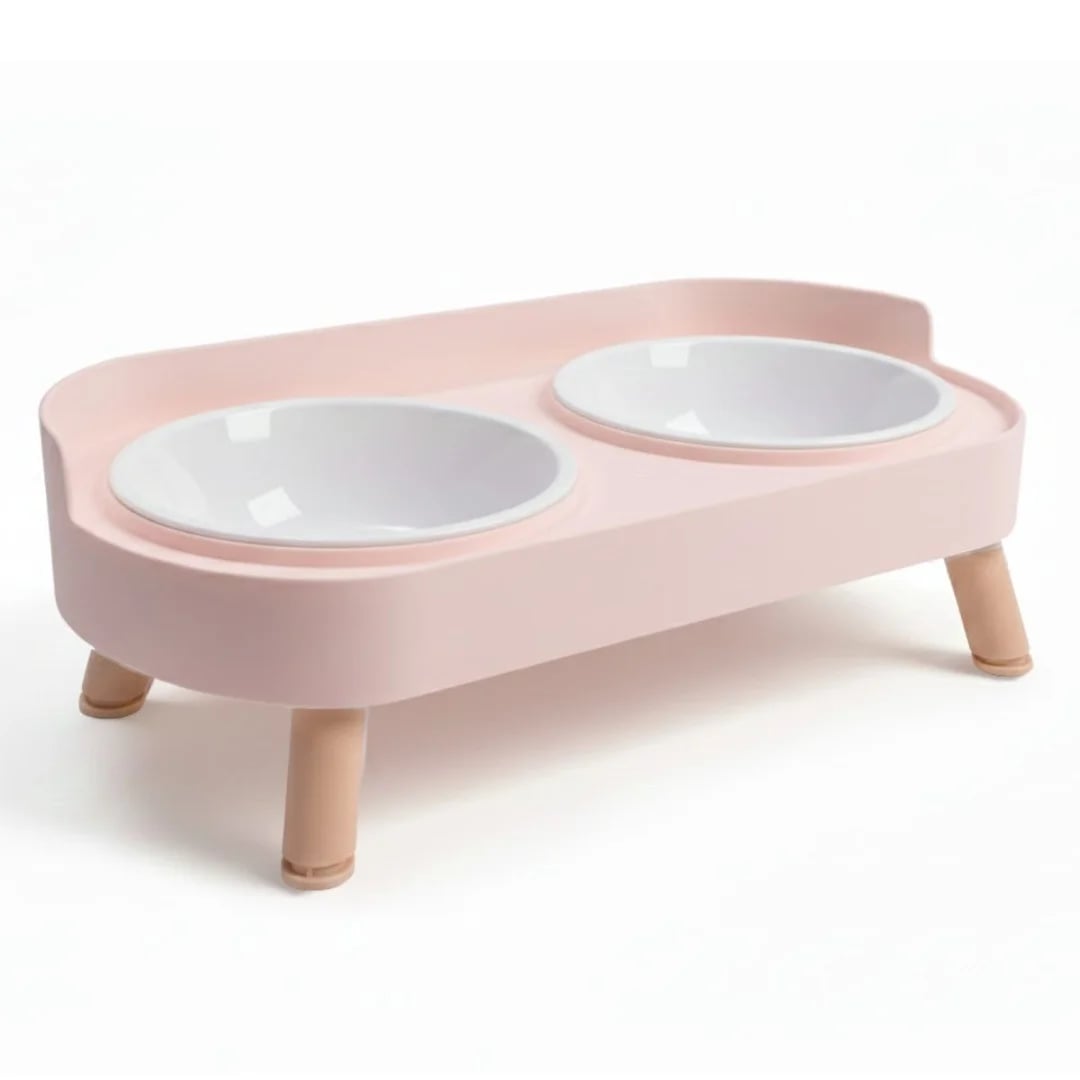 Comedero doble elevado para mascotas rosa 33 × 17 × 10 cm